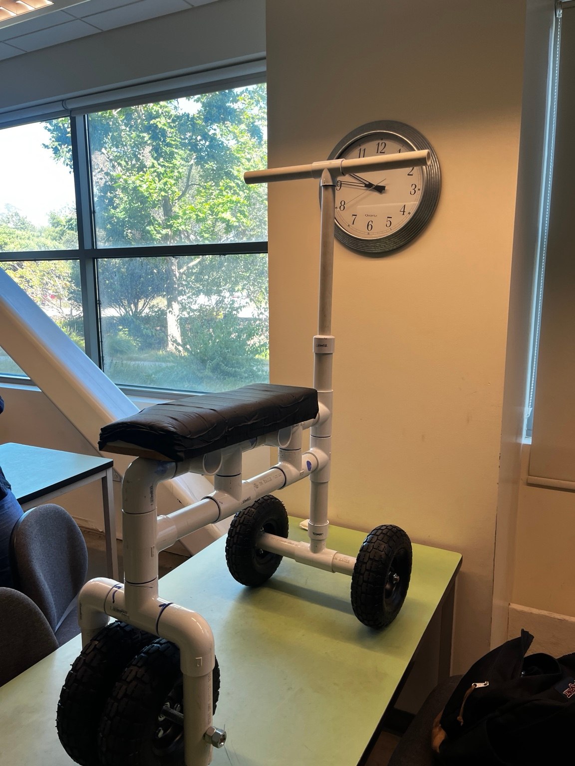 Close view of the finished PVC scooter frame and steering column